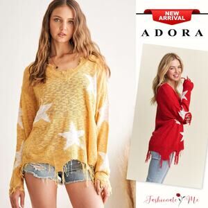 ADORA Distressed Detail Star Pattern Wide V-Neck Lightweight Sweater | Yellow